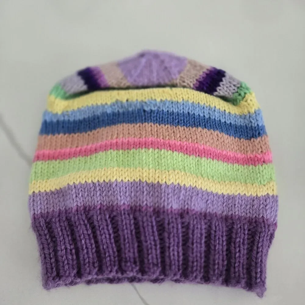 Hand Knitted Crochet Beanie in Blue and Cream Hat Women's Girls New